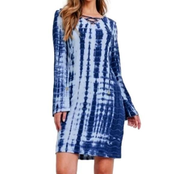 Mod Me Over Dresses & Skirts - Retro Blue Tie-Dye Shift Dress ~ Boho Bell Sleeves ~ Round Neck ~ NEW IN PACKAGE
